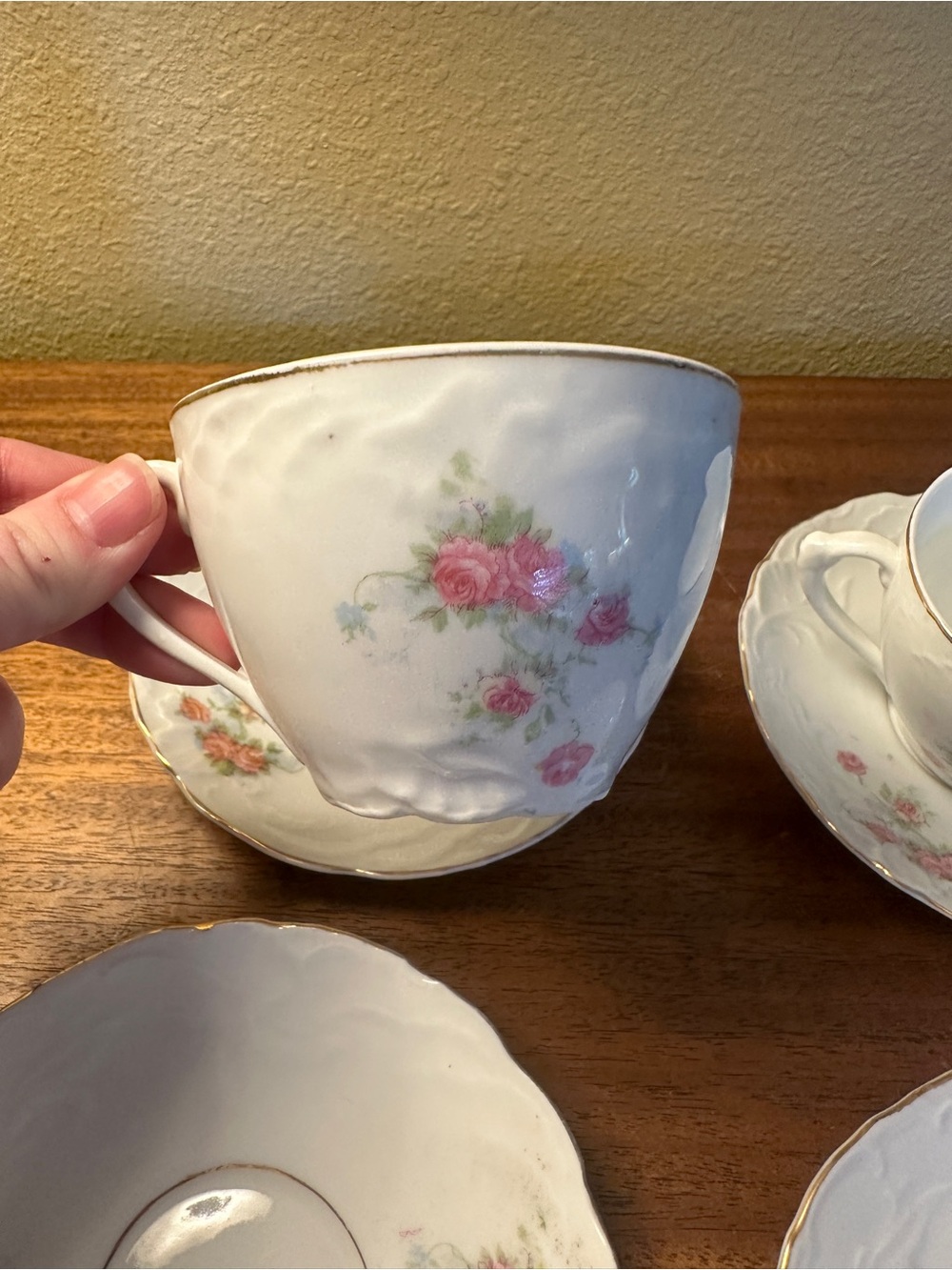 Vintage Floral Tea Cup and Saucer Set in White with Pink and Gold Trim